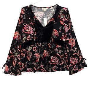 Tribal Blouse Womens Petite Small Black Multi Floral Long Sleeve Neck Tie Top